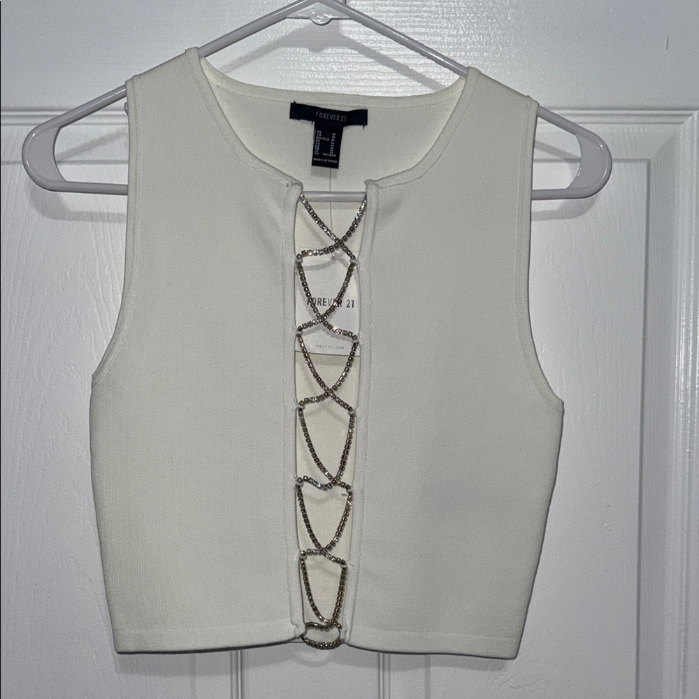 Forever 21 White Jeweled Front Lace-Up Top